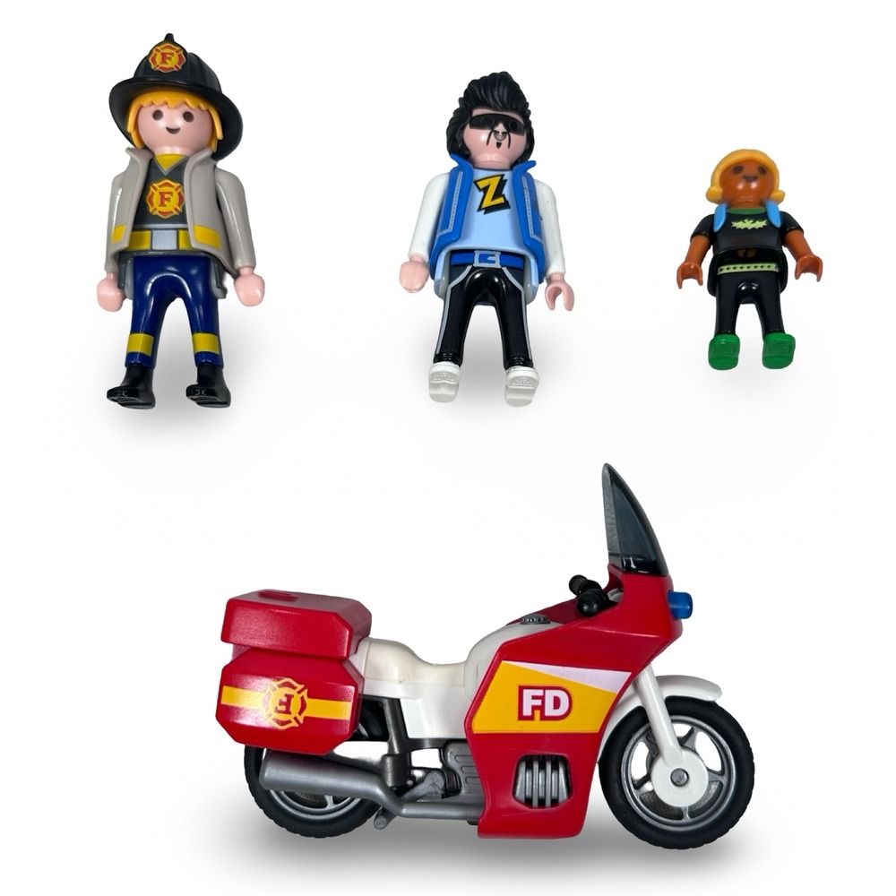 Playmobil Firefighter Motorcycle Rockstar & Child Figures Lot Gray‎ Red 4pc
